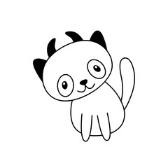 Doodle sweet halloween cat sits with devil horns.Cute kitten clipart for card,invitation.Outline.Sketch.Isolated on white background.