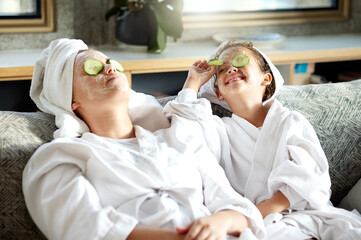 Fresh skincare, face mask and healthy skin treatment for bonding mother and daughter home spa day....