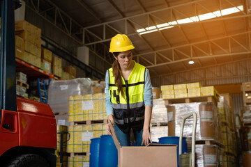 Women warehouse employee worker enjoy working with friend at workplace, teamwork concept.