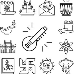 Sitar, Diwali icon in a collection with other items