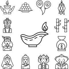 Oil lamp, Diwali icon in a collection with other items