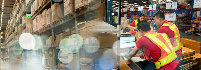 Warehouse worker team working in a large warehouse, Asian worker packing cardboard box with tape gun dispenser in warehouse, Banner cover design.