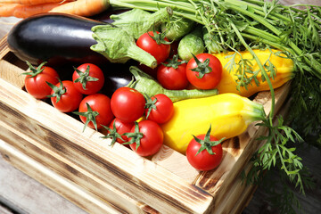 fresh vegetables in a wooden box, close-up