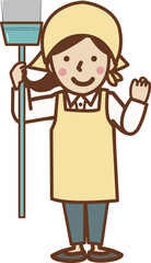 ほうきを持つ笑顔のエプロンと三角巾姿の女性。