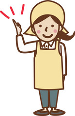 指をさす、エプロン姿の笑顔の女性。