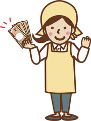 現金を持つ笑顔のエプロン姿の女性。