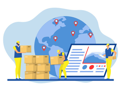 Business  Delivery logistics service ,stock market online laptop flat ,Worker Carrying Boxes with Goods.vector illustration. website design or landing web page