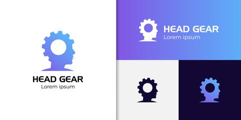 head gear logo icon symbol, people think mind with gear cog logo for business solutions, high technology, development, invention and innovation