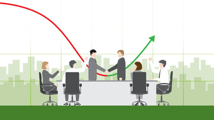 Happy successful business team. Cheerful hand up collaborate of teamwork, colleague, and employee in a meeting room with financial red graph turn to grow up green graph. Boss shake hand with pleasure.