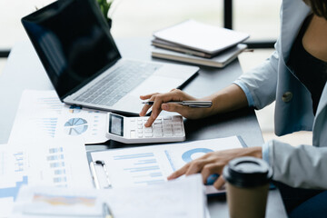 Businessman analysis marketing plan, Accountant calculate financial report, Accounting Calculating...