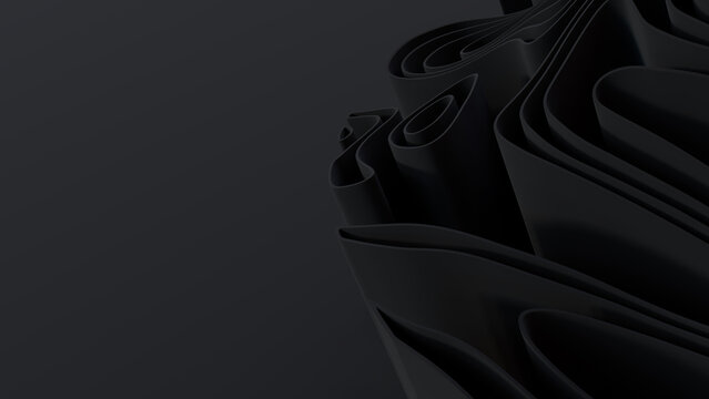 Abstract background created from Black 3D Undulating lines. Dark 3D Render with copy-space.  