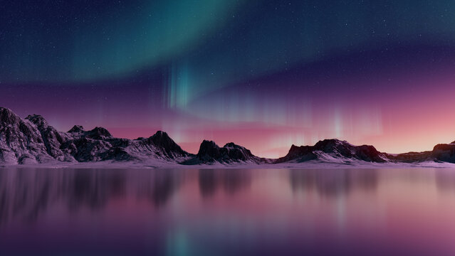 Winter Landscape with Aurora Borealis. Blue Sky Banner with copy-space.
