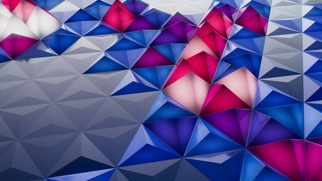 Illuminated, Blue and Pink Abstract Surface with Triangular Pyramids. Modern, Colorful 3d Background.