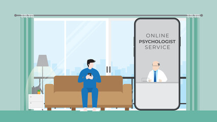 Virtual hospital, Online psychotherapy, medical consult and tele medicine concept. Doctor and patient discussing on mobile phone screen. Application technology for mind therapy by a psychologist help. - obrazy, fototapety, plakaty