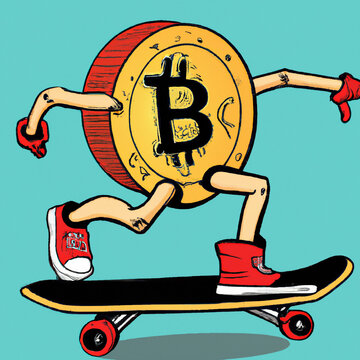 Cartoonish bitcoin coin skateboarding