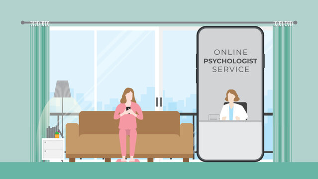 Virtual hospital, Online psychotherapy, medical consult and tele medicine concept. Doctor and patient discussing on mobile phone screen. Application technology for mind therapy by a psychologist help.