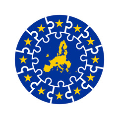 European union flag circle puzzle on the white background. Flag of European union with maps member states.  EU concept for your web site design, app, UI. EPS10.