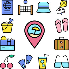 Location pin, beach icon in a collection with other items