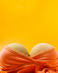 Funny, big organic juicy melons in the sexy orange bra with yellow background. Visual concept  idea.