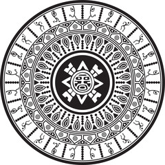Vector monochrome Aztec ritual circle. Geometric round Native American ornament. Jewelry of ancient shamans.