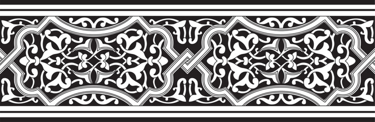Vector monochrome seamless oriental national ornament. Endless ethnic floral border, arab peoples frame. Persian painting.
