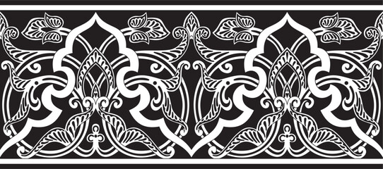 Vector seamless monochrome oriental ornament. Endless black Arabic patterned border, frame. Persian painting. Suitable for sandblasting, laser and plotter cutting..