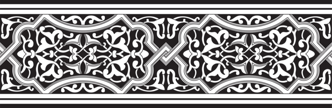 Vector monochrome seamless oriental national ornament. Endless ethnic floral border, arab peoples frame. Persian painting.