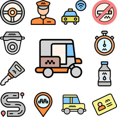 Tuk tuk, car icon in a collection with other items