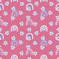 Groovy seamless pattern with chamomile flowers and rainbows in 1970s style. Hippie aesthetic print for T-shirt, fabric, textile. Floral illustration for decor and design.