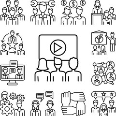 Workers, men, woman, presentation, video icon in a collection with other items