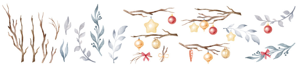 Watercolor hand drawn set with winter decorative twigs, branches, leaves. Branches with Christmas decorations, balls, stars, icicles. Elements isolated on white background. New year illustrations