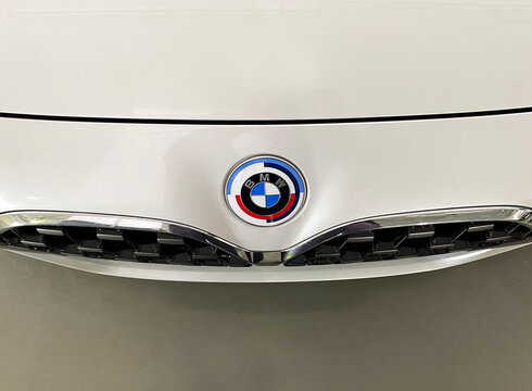 BANGKOK, THAILAND 30 JULY 2022 : Image of front BMW Car with Classic Logo for M Performance , badge which celebrates the brand’s 50th birthday.
