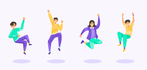 people jump set. Young cute teenage boys, girls jumping together for joy fun celebration
