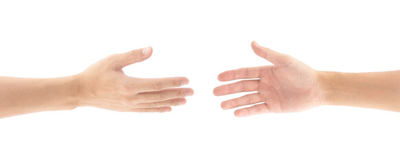 Close-up photo of the two hands reaching out to shake hands, Isolated on white background, Clipping path Included.