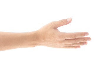 Close-up photo of a hand outstretched in front, Isolated on white background, Clipping path Included.