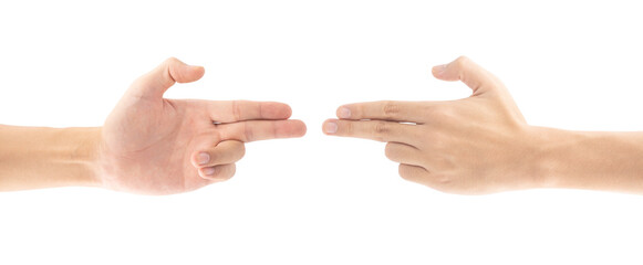A close-up shot of two hands outstretched gesturing like guns pointed at each other, Isolated on white background, Clipping path Included.