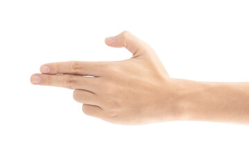 A close-up shot of hands outstretched gesturing like guns pointed, Isolated on white background, Clipping path Included.