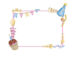 Watercolor illustration of a frame with birthday cupcake, ribbons and hat. Invitation 