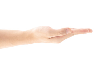 Close-up shot from the side view of open the palm of the hand, Isolated on white background, Clipping path Included.