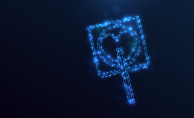 Starry lollipop on a dark blue background. Stylized symbol with glittering neon stars. Dotted, holographic, modern style.