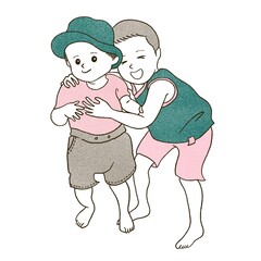 裸足で寄り添う兄弟のイラスト