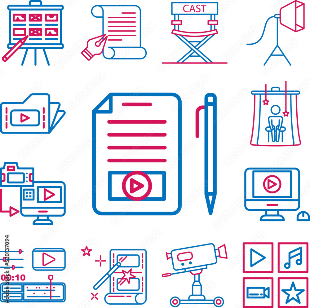 Poster video production, edit script icon in a collection with other items