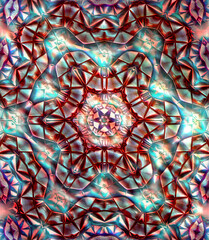 Rough beaten metal style kaleidoscope with traces of burnt red and cyan blue mist 