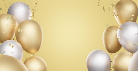 Obraz na płótnie Canvas 3D Golden Silver Glossy Air Balloons Celebration Happy Birthday Congratulations with Glitter Confetti