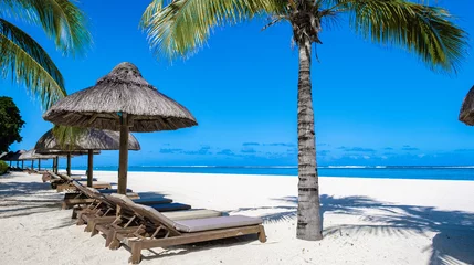 Papier Peint photo Le Morne, Maurice Tropical beach with palm trees and white sand blue ocean and beach beds with umbrellas, sun chairs, and parasols under a palm tree at a tropical beach. Mauritius Le Morne beach