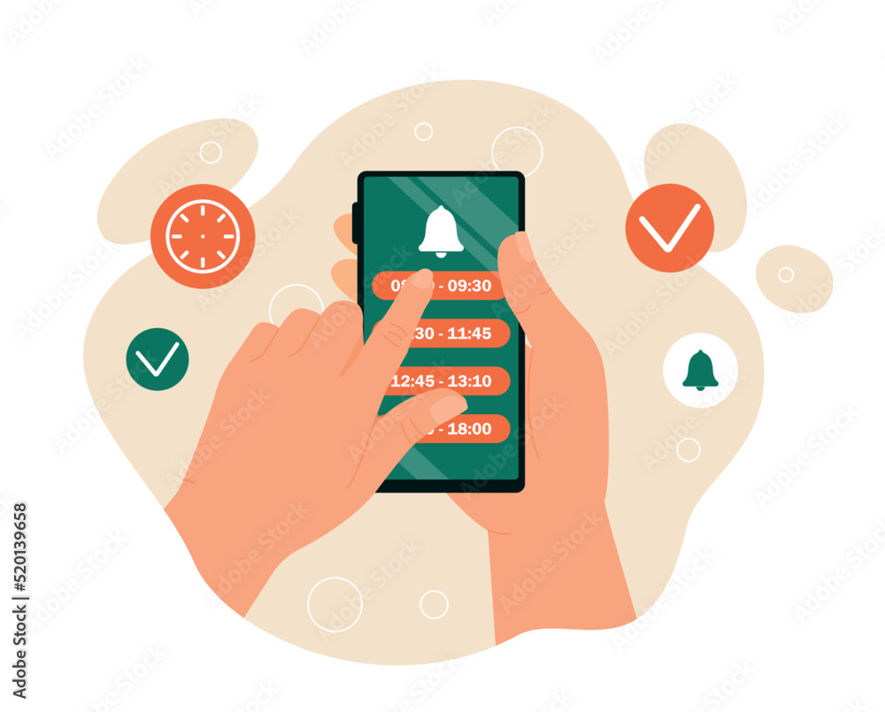 Poster person make appointment. character on smartphone puts mark on certain date and time. mobile applicat