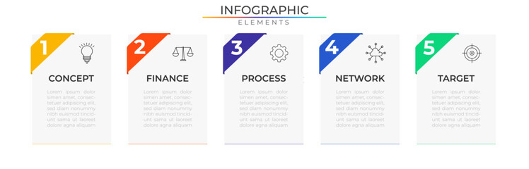 Business rectangle infographic elements concept design vector with icons. Workflow network project template for presentation and report.