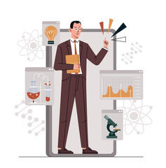 Male teacher on smartphone. Distance education, professor leads online lecture. Webinar or course, research application. Lesson, learning and training on Internet. Cartoon flat vector illustration