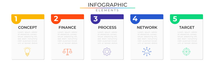 Five steps infographic elements concept design vector with icons. Business workflow network project template for presentation and report.