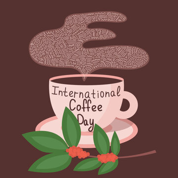 Vector coffee cup with smoke and coffee bean plant flat illustration. International coffee day vector illustration